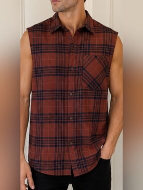 Gymshark Men’s M Rust Plaid Sleeveless Button Up Shirt Oversized Logo Back